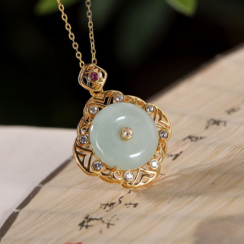 九壹银庄925银镀金天然翡翠平安扣复古个性气质女士镶嵌吊坠挂坠 吊坠