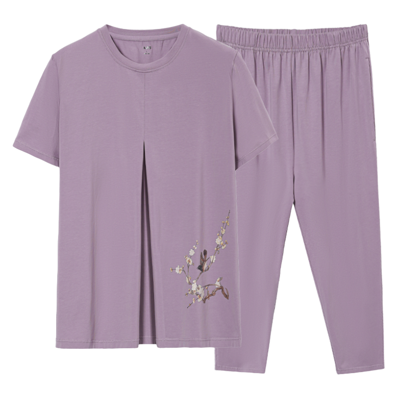 AB內(nèi)衣女士國風(fēng)印花棉質(zhì)中老年短袖褲子兩件套家居服睡衣 灰綠 L