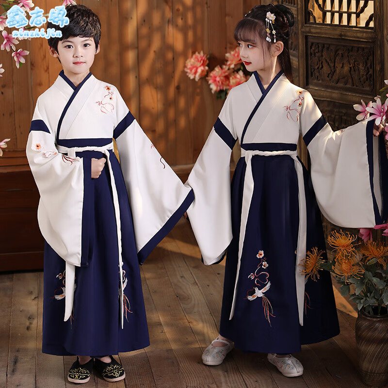 鑫志锦 儿童古装汉服春秋季表演服国学服朗诵合唱男女书童中国风小学生幼儿园唐装元旦六一演出服YX-TZ-05雀栖白蓝140高性价比高么？