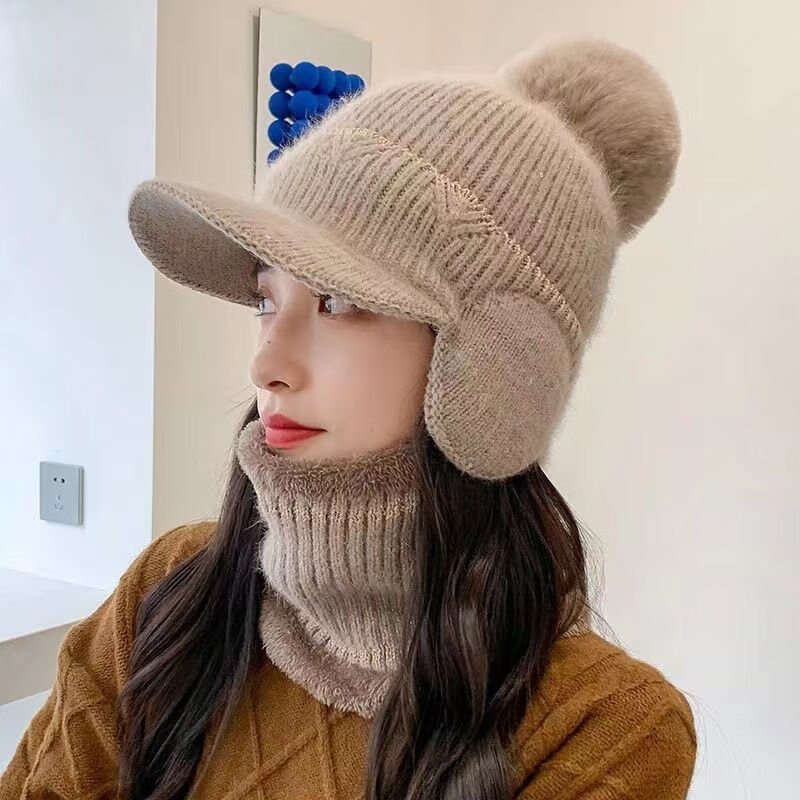 保暖挡雪帽加厚加绒针织帽防风御寒骑车秋冬款 卡其色v款帽子 围脖
