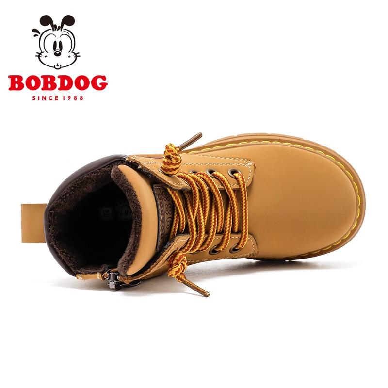 巴布豆（BOBDOG）男童鞋软底加绒二棉鞋儿童靴子冬季新款女童保暖马丁靴 卡其色 35 适合脚长21.2cm