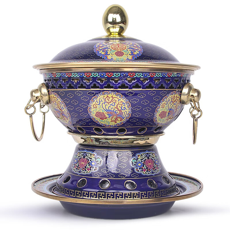 小火锅景泰蓝珐琅纯铜老北京涮锅单人家用商用老式酒精火锅炉 双龙款