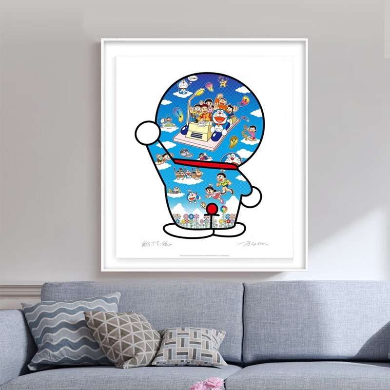 艺海识真村上隆蓝天白云背面哆啦a梦亲笔签名限量艺术版画客厅儿童房