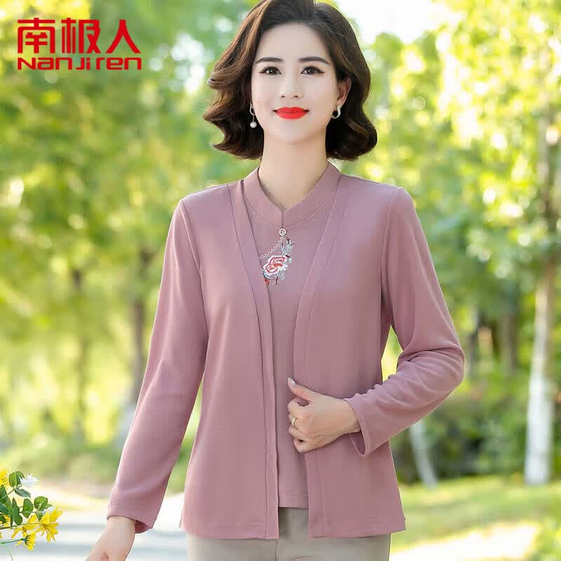 南极人妈妈秋装洋气假两件套中老年人春秋T恤50-60岁中年女大码时尚上衣 粉色[单上衣] XL [建议90-105斤]怎么样,好用不?