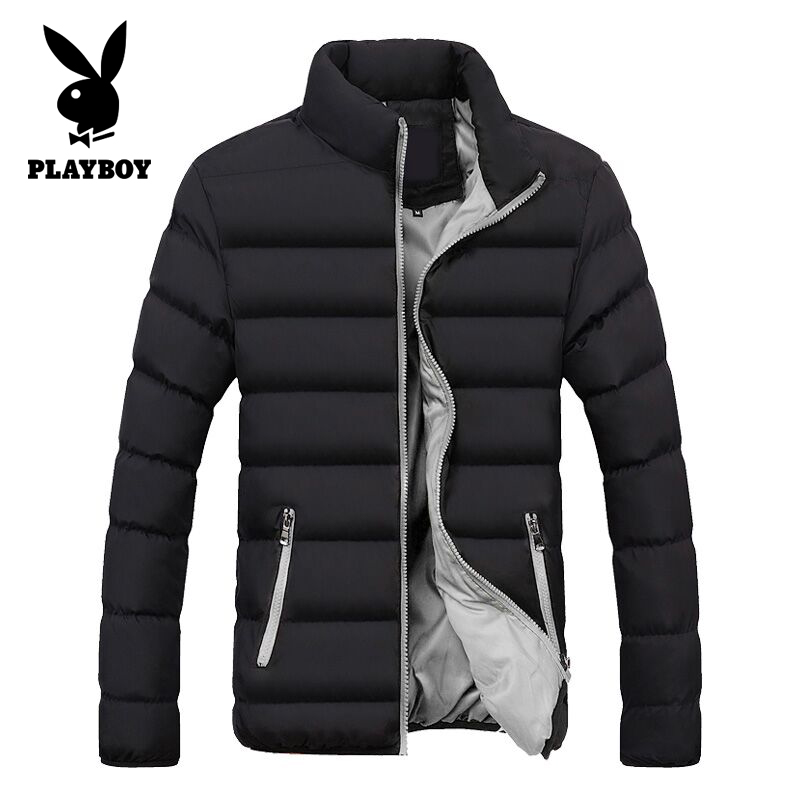 花花公子（PLAYBOY）棉服男冬季新款加厚防风保暖外套韩版潮流时尚百搭棉衣 黑灰 3XL