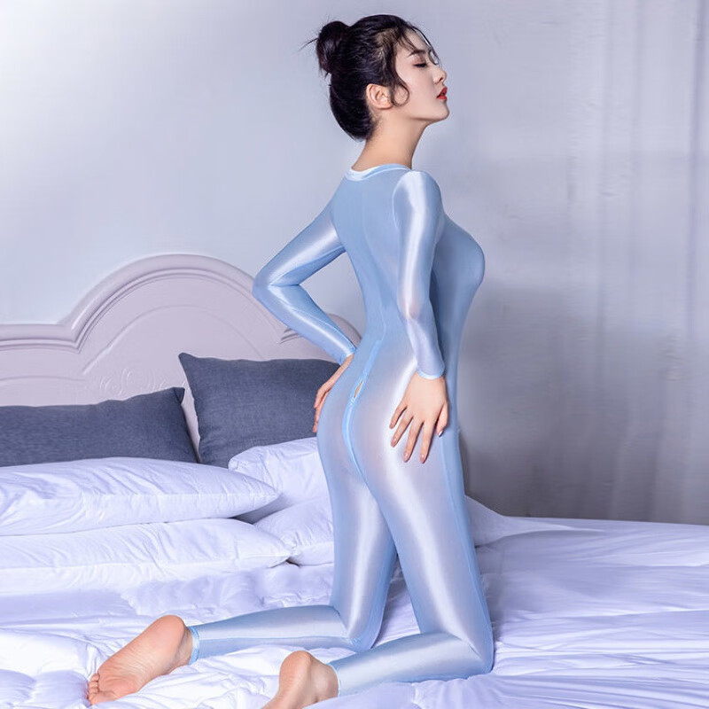 套装性感诱惑油亮情趣连身男女款外穿薄款长袖双拉链头开裆紧身连体衣