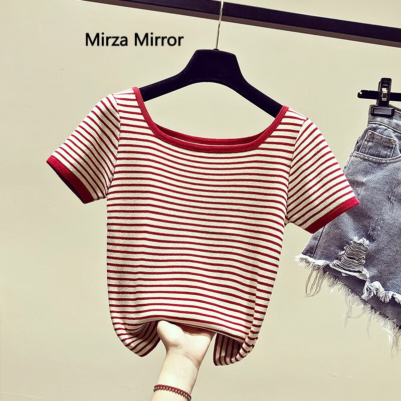 Mirza Mirror条纹冰丝短袖T恤夏季短款女装新款一字肩设计感上衣针织衫 红色 M