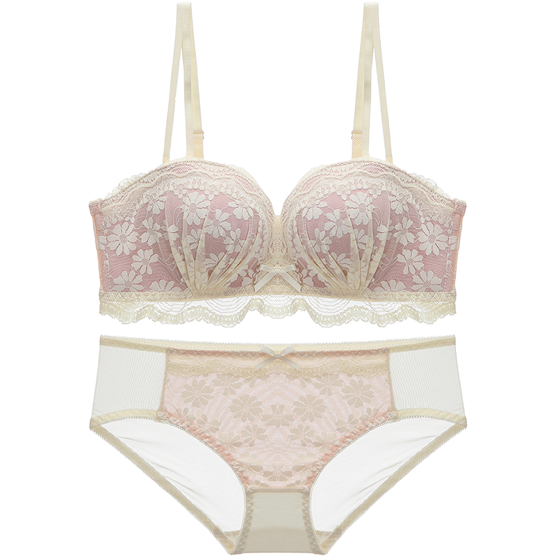 曼可嬌內(nèi)衣女小胸罩聚攏調(diào)整型bra少女日系收副乳上托無鋼圈文胸套裝 粉桃 L 36/80(AB通杯厚約2.5CM)