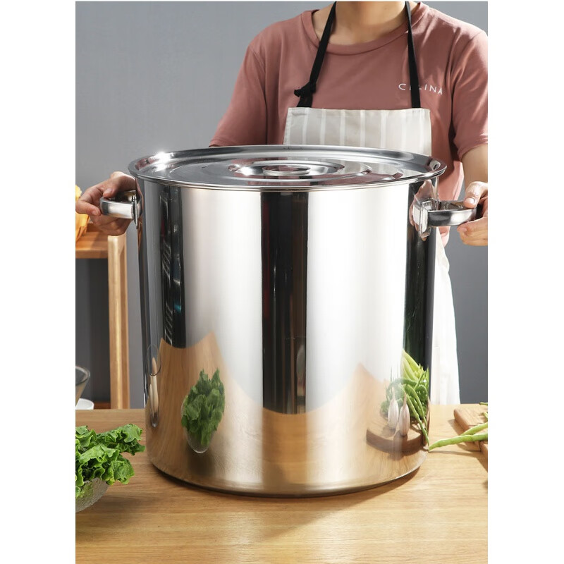 PJ商用不锈钢桶带盖不锈钢汤桶加厚加深汤锅储水桶圆桶油桶 1cm 直径20高度20