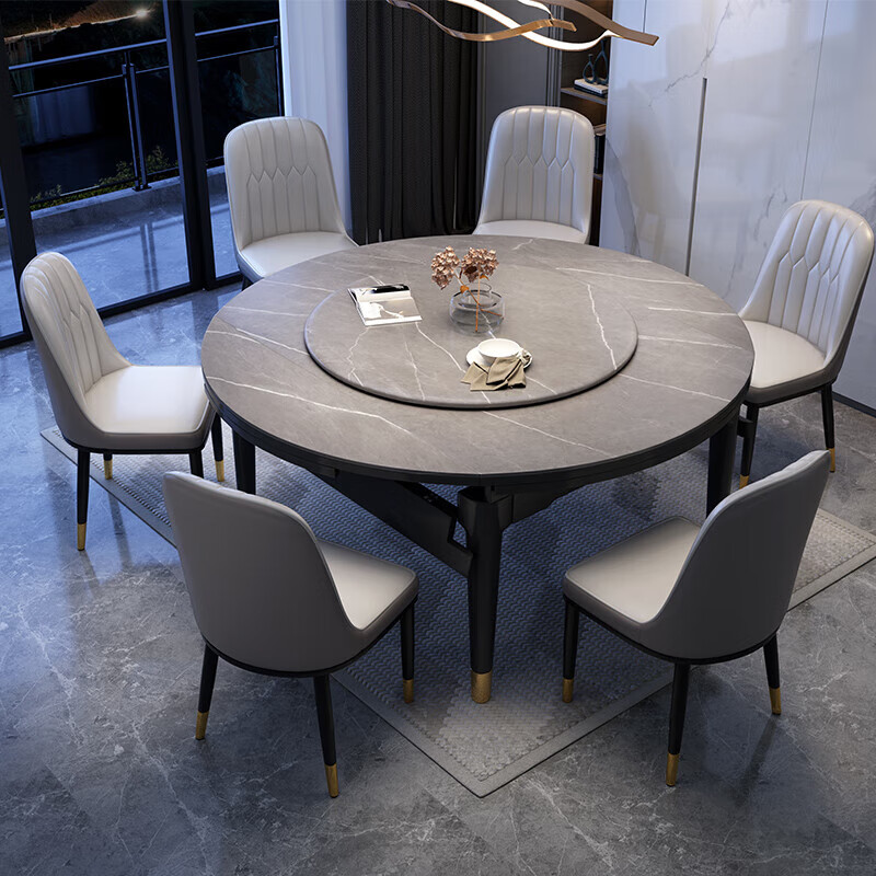 梵客城堡岩板餐桌椅组合现代简约轻奢家用小户型可伸缩折叠实木吃饭圆
