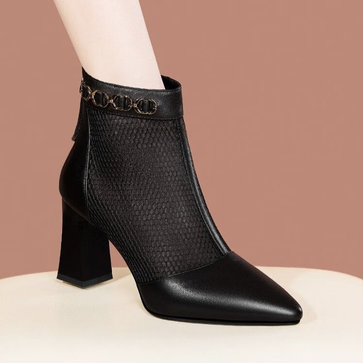 守图夏天穿的网面短靴女士镂空透气短筒凉靴高跟女粗跟网纱高帮女鞋