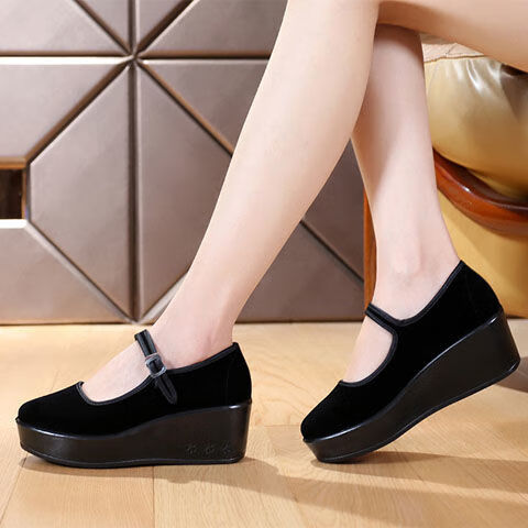 老北京布鞋女松糕底一字扣带黑色酒店服务员工作鞋礼仪鞋厚底布鞋 6