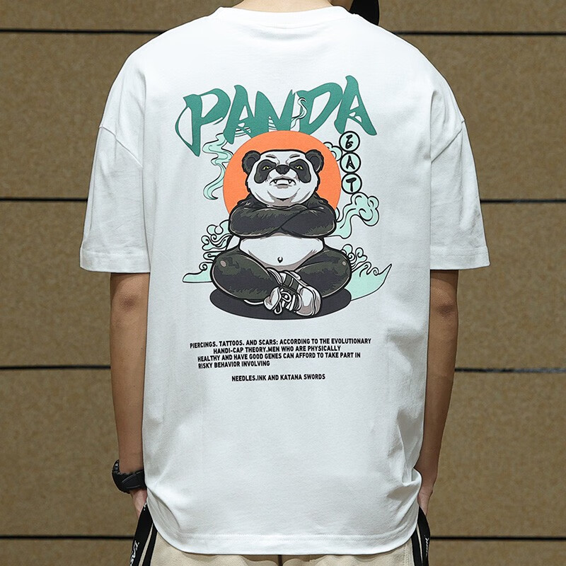 依郎酷夏季纯棉短袖t恤男宽松ins潮牌熊猫半袖大码胖子加肥加大体恤