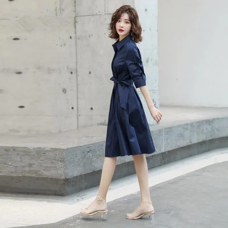 女2022年春季新款收腰显瘦时尚气质女装夏天小个子衬衫裙 藏青色 s 80