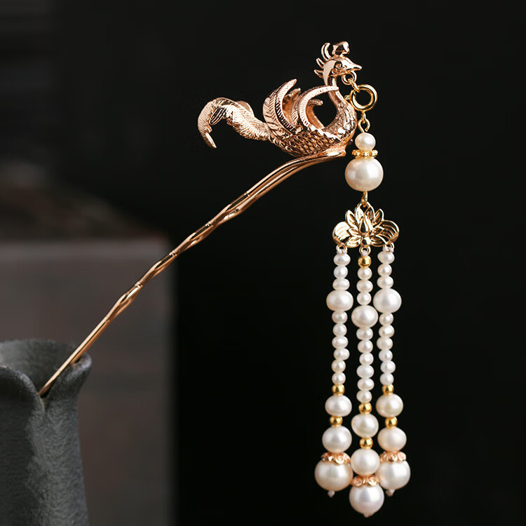 手工汉服古风发簪子唐宋珍珠流苏金凤凰步摇发钗头饰雀衔环 凤钗一只