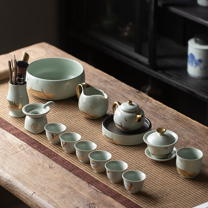 京峰阁 高端茶具整套 汝窑瑞鹤呈祥贵妃壶茶壶盖碗茶杯家用开业送礼套装 瑞鹤呈祥贵妃壶15入