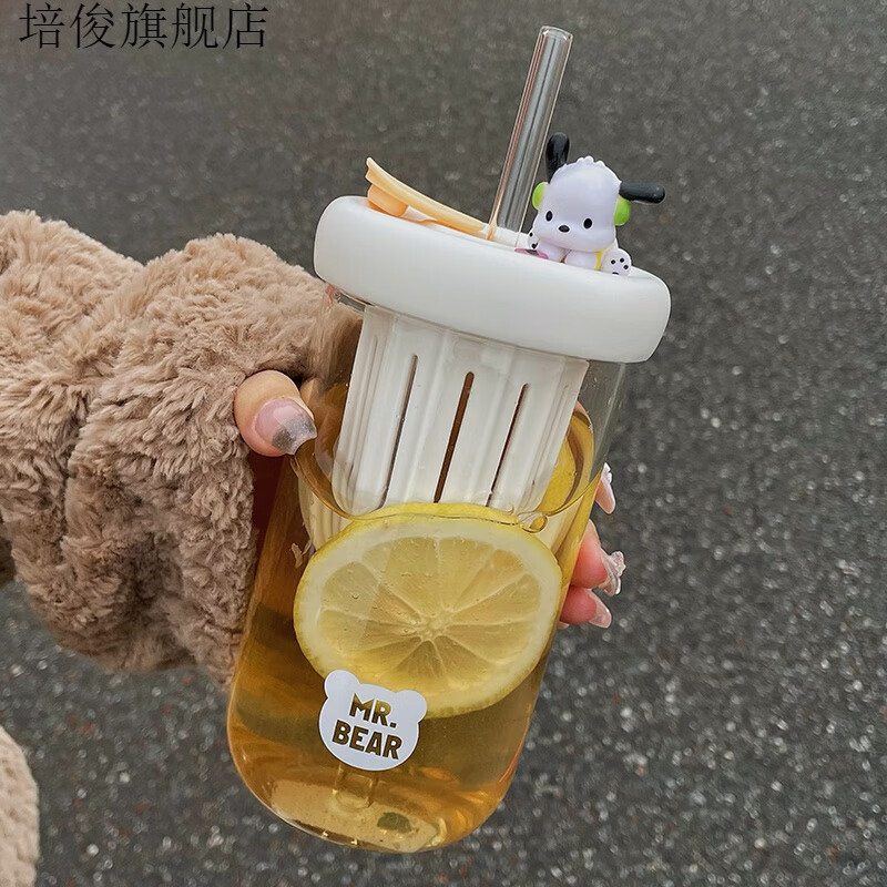 培俊高颜值茶水分离花茶杯吸管玻璃杯女泡茶杯大容量网红水杯大肚杯子 450ml茶仓吸管杯-米色帕恰公仔狗