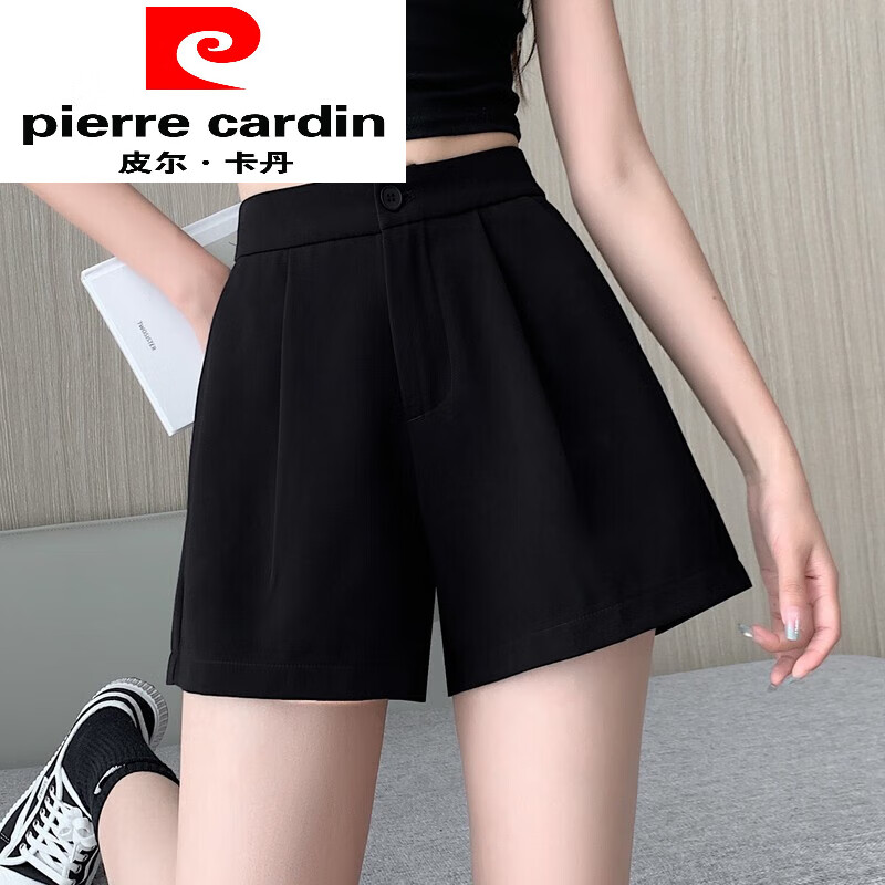 皮爾卡丹（pierre cardin）黑色冰絲雪紡西裝短褲女23夏天外穿小個子松緊腰a字休閑寬松闊腿 黑色 S