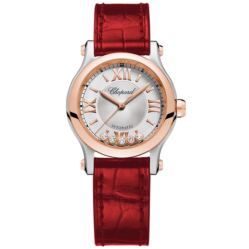 萧邦（Chopard）快乐钻石30mm玫瑰金及精钢机械机芯瑞士手表女腕表礼物官方正品 玫瑰金及精钢红色表带 30mm