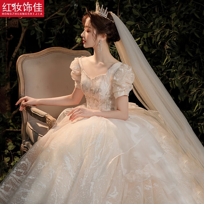 红妆饰佳婚纱礼服2023新款新娘星空 复古公主法式主婚纱 浅香槟齐地 S高性价比高么？