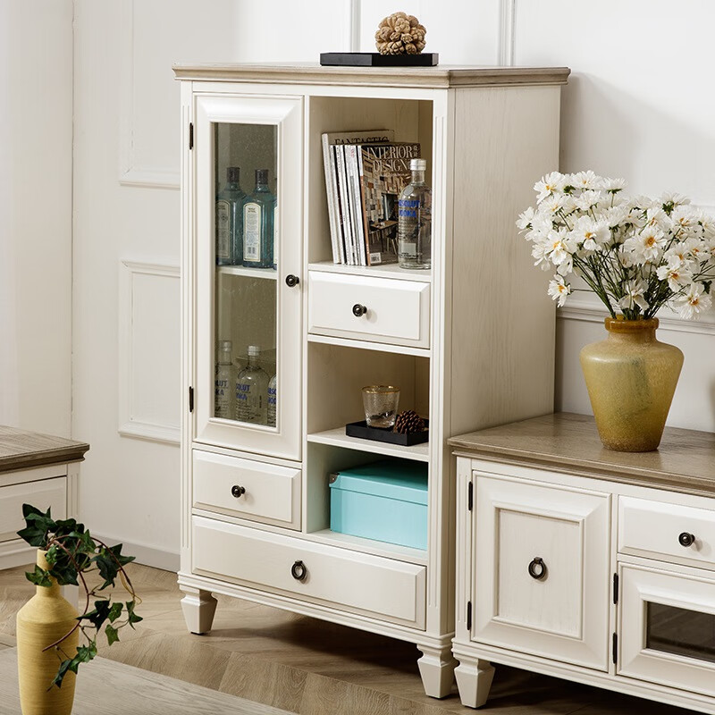 老酋长全实木酒柜简约美式边柜客厅立柜高餐边柜收纳柜靠墙玻璃门白色