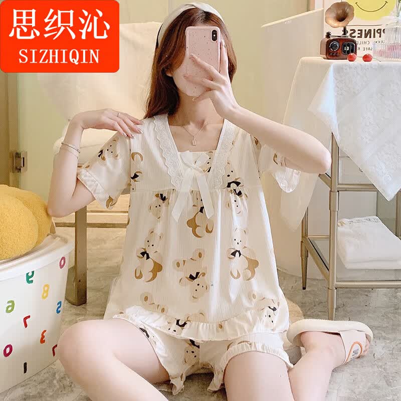 思织沁【精选】公主风睡衣套装甜美可爱短袖短裤宽松蕾丝边家居服两件套 星帽狗 L (96-110斤)