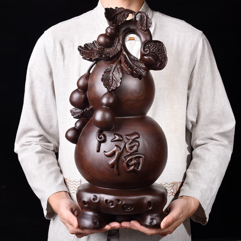 黑檀实木雕刻葫芦摆件木头根雕大号多子多福禄木家居装饰工艺品 黑檀