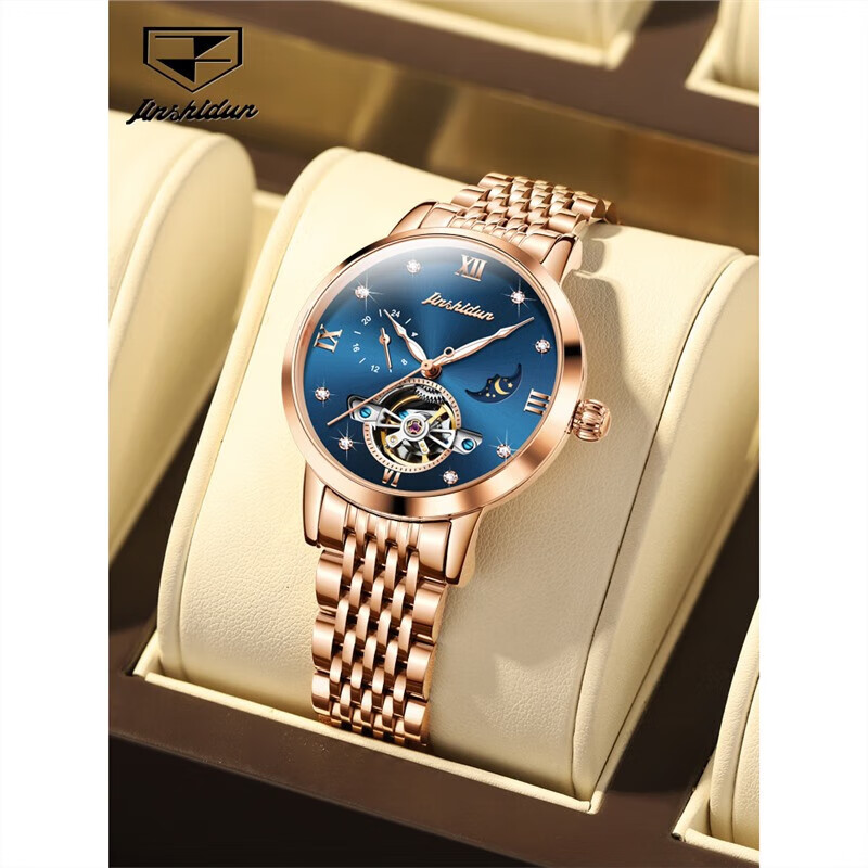 金仕盾瑞士机械表精致全自动手表女品牌十大女表防水夜光镂空 玫壳蓝