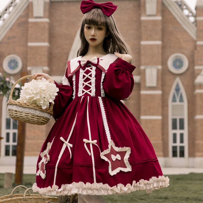 韩蔓语【现货】原创lolita少女星愿可爱日常呲甜系洛丽塔连衣裙 红色