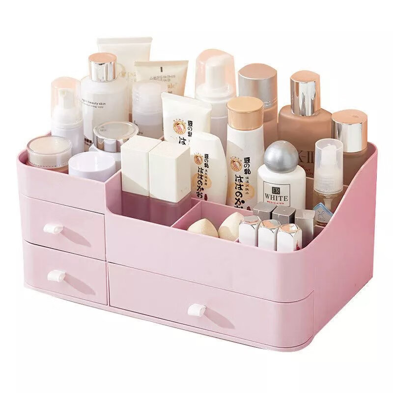 化妆品收纳盒抽屉桌面收纳盒大号化妆盒收纳盒塑料首饰收纳盒学生 豪华特大三抽(可放面膜)-北欧粉
