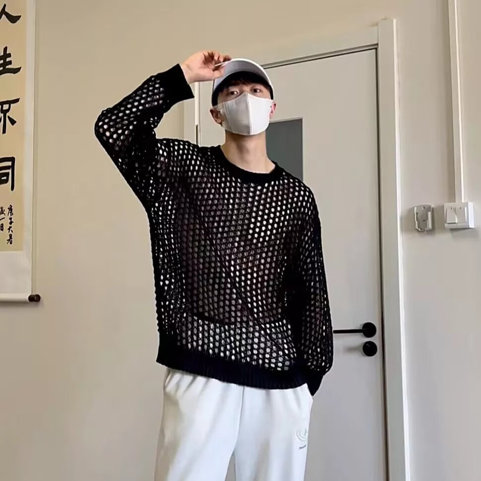 元乐申网红潮牌ins镂空网格衣男渔网潮流个性痞帅长袖上衣 黑色 m