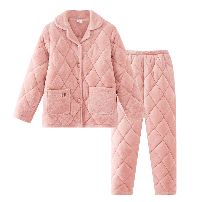 都市丽人睡衣加厚夹棉细密保暖法兰绒翻领简约情侣款家居服套装 粘土粉-女款2HT001 L