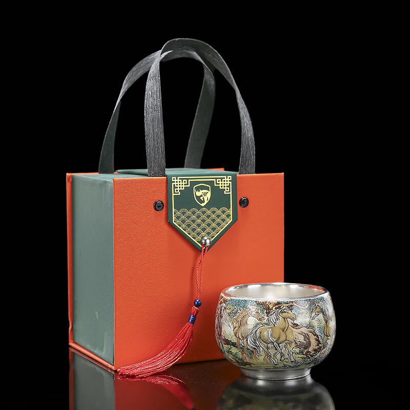 马银建盏手工大号个人家用主人茶杯子 全鎏银八骏马禅定银盏-官方礼盒