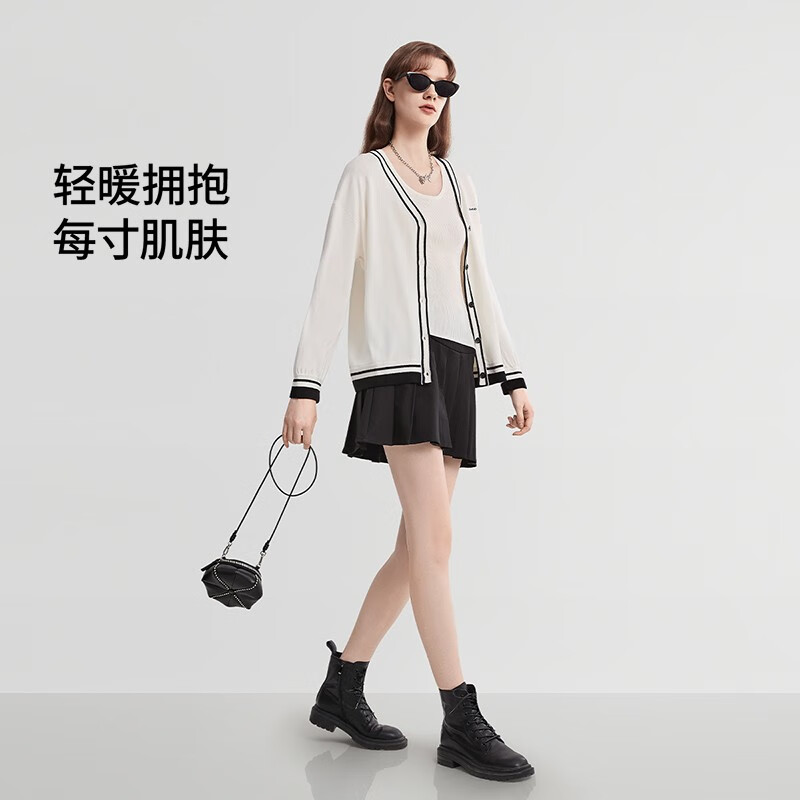 嫚熙(EMXEE)嫚熙孕妇外套宽松遮怀显瘦V领撞色大码开衫孕妇装 黑底白条 L