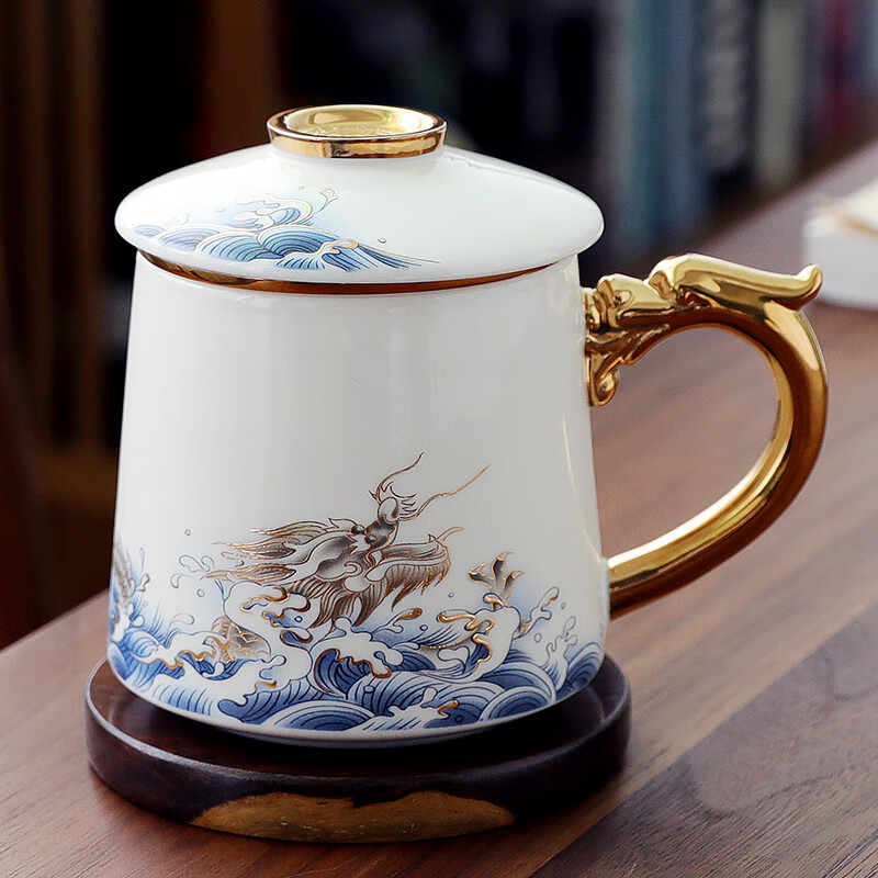 杯茶水分离杯家用办公室泡茶杯礼品 羊脂玉办公杯-蛟龙出海(黑檀木垫)