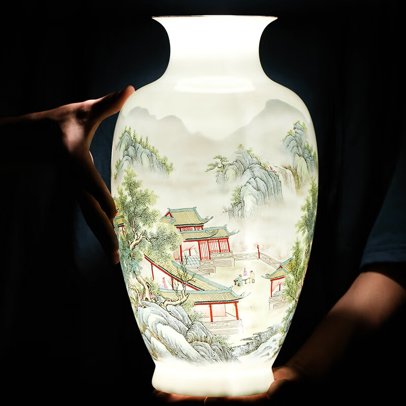 半笙 景德镇陶瓷器粉彩山水花瓶插花现代中式客厅家居电视柜装饰品