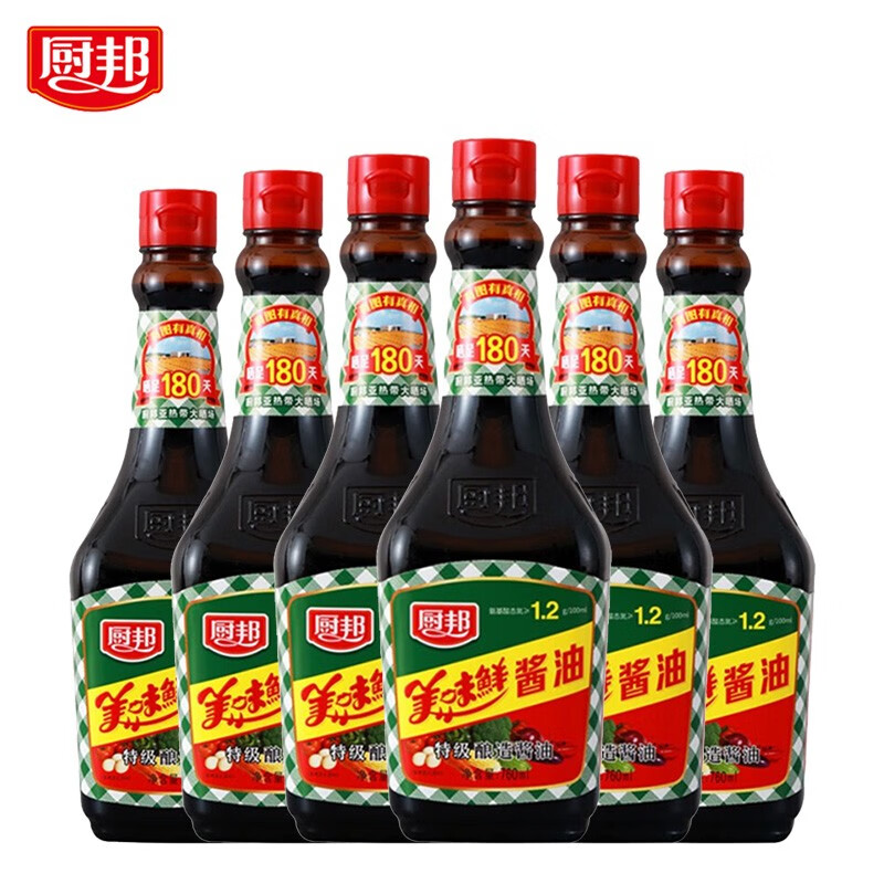 厨邦酱油特级美味鲜生抽 180天酿造酱油760ml调味料品 760ml*6瓶(整箱
