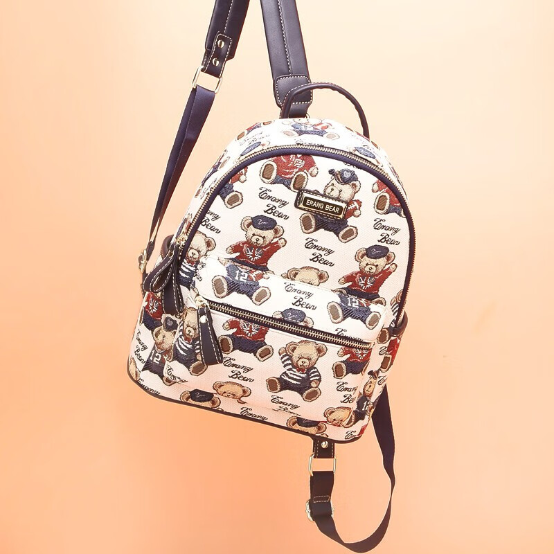 小熊依恋时尚双肩包女布艺织花轻便休闲背包大容量学院风书包户外旅行