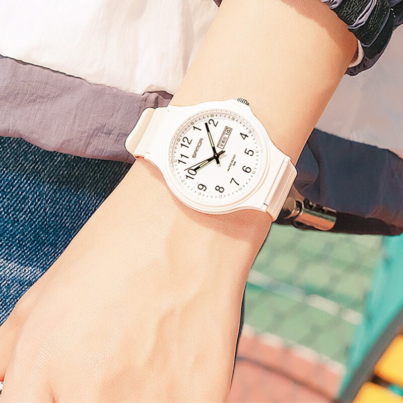 克洛奈CLNAI品牌手表超薄双日历夜光防水简约12数字学生考试腕表儿童男表女表多功能日期星期中性手表 黑带白面