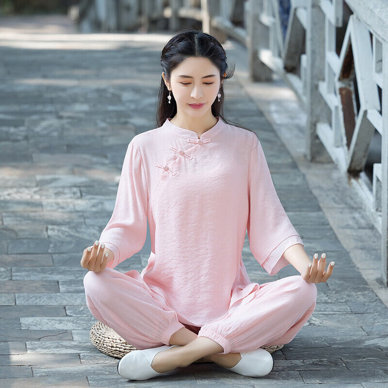 千奇夢(mèng)新款民族風(fēng)棉麻太極服女飄逸中袖瑜伽禪修練功拳服束腳燈籠褲春夏 粉色套裝 XXL