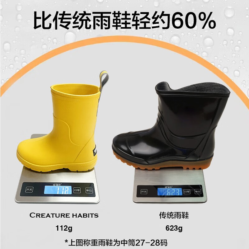 CREATURE HABITS儿童雨鞋防水防滑中筒男童小孩幼儿轻便舒适中筒雨鞋女童雨靴 黄色 36 ,35-36,(内长23.7cm/同成人37码)