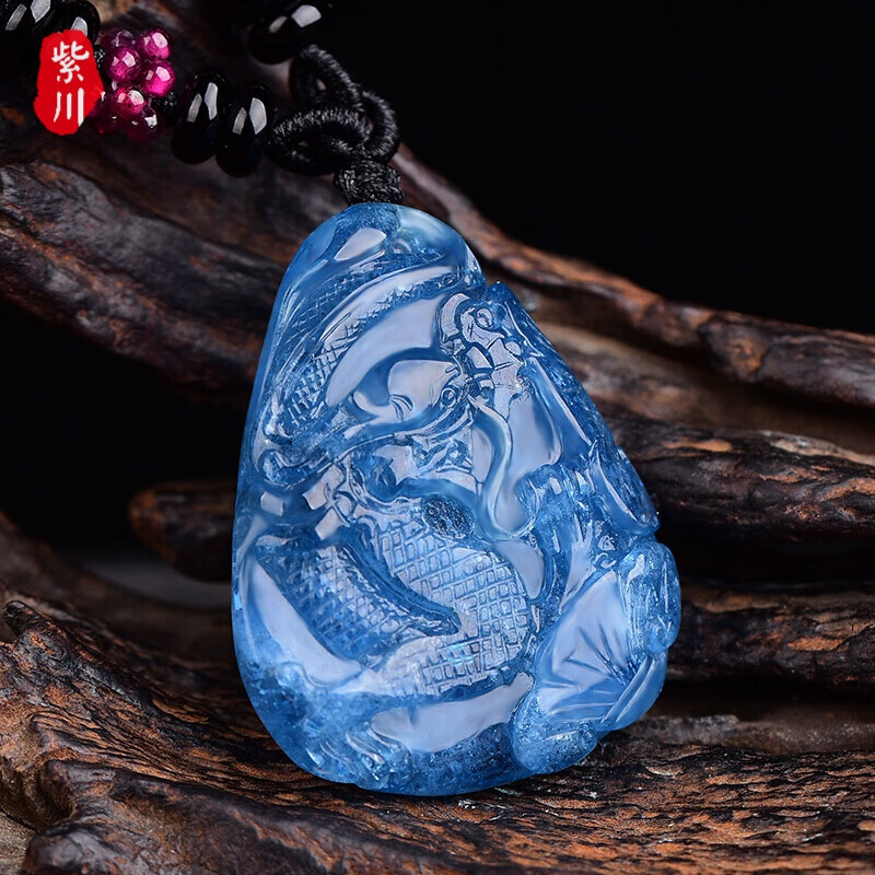 紫川 龙形水晶项链蓝水晶女士男款挂坠天然海蓝宝龙牌吊坠实用送女友