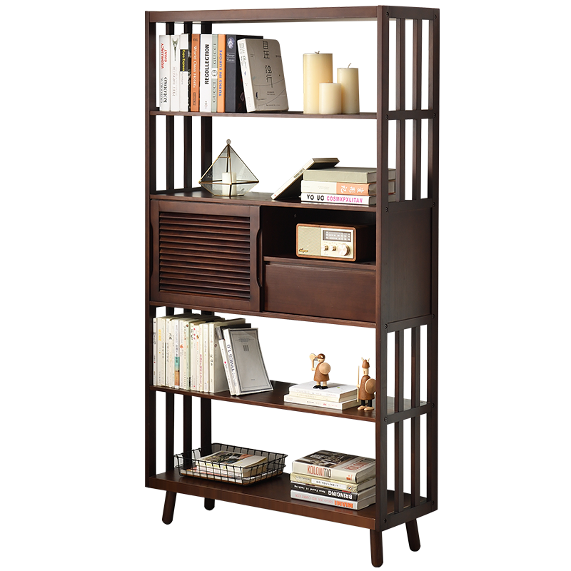 家逸 实木书架落地组合书柜客厅置物架博古架书橱办公室家用储物柜北欧 胡桃色