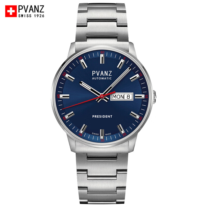 宝梵哲（PVANZ）瑞士手表 总裁系列手表男士休闲防水机械表 轻奢双日历背透商务手表 P1A3D1蓝面钢带
