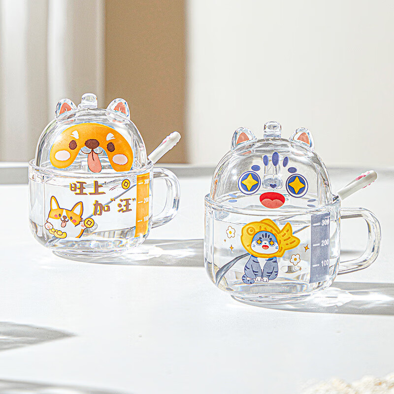 乐唯诗（LOVWISH）卡通玻璃早餐杯牛奶麦片饮料水杯一盖两用 熊猫【水杯350ml+杯盖150ML】