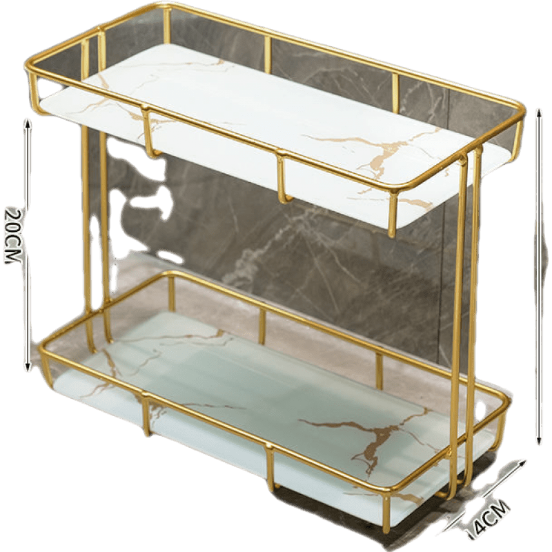 物品摆放架轻奢卫生间浴室置物架桌面洗漱台化妆品盒厕所洗手间台面收纳架子 小号白底金纹方形托盘②层