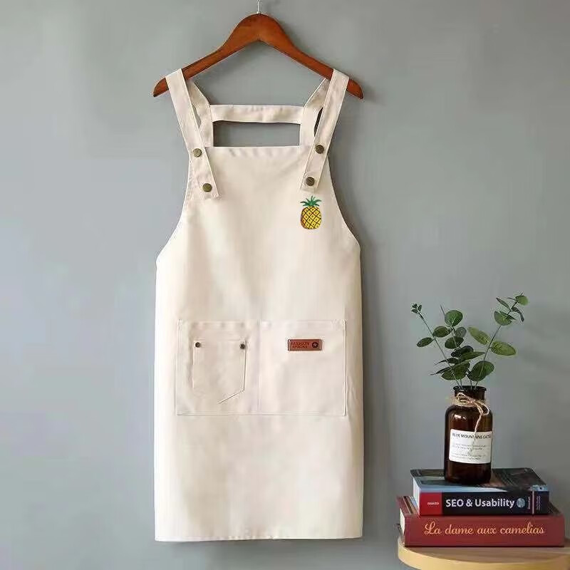 欧格达日系可爱帆布牛仔背带围裙可印logo防水防油围裙加厚耐磨厨房围裙 黑色牛仔菠萝