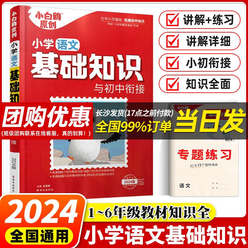 【当日发】2024万唯小白鸥小学基础知识手册清单小学知识点考点大全讲解练习小升初总复习考试衔接初中知识拓展一二三四五六年级通用版 小学语文基础知识与初中衔接