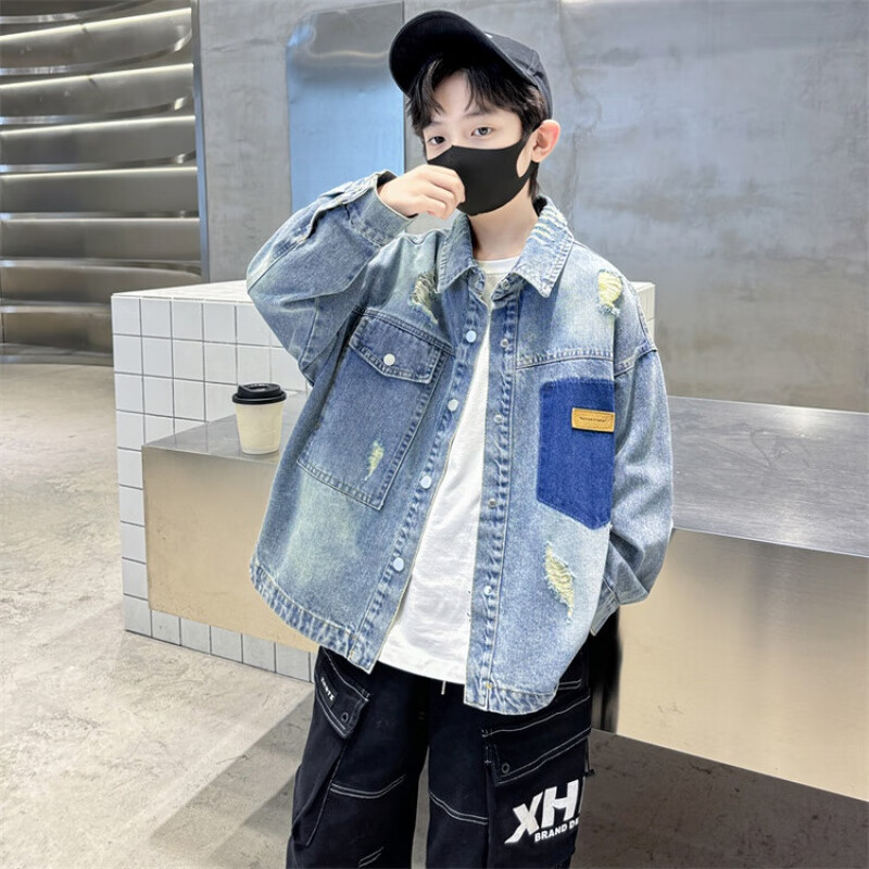 川孩儿童装男童春装衬衫2024新款春秋款中大童衬衣春季帅气男孩牛仔潮