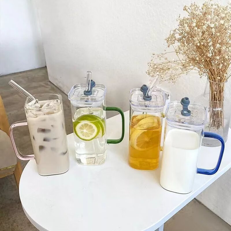 杯子玻璃杯ins高颜值方形把手家用水杯茶杯耐高温学生宿舍吸管杯 方杯【光身款】 仙女粉把手